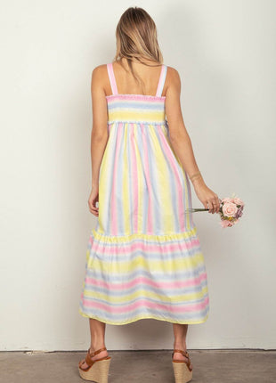 VERY J Striped Woven Smocked Midi Cami Dress - MimiStylez