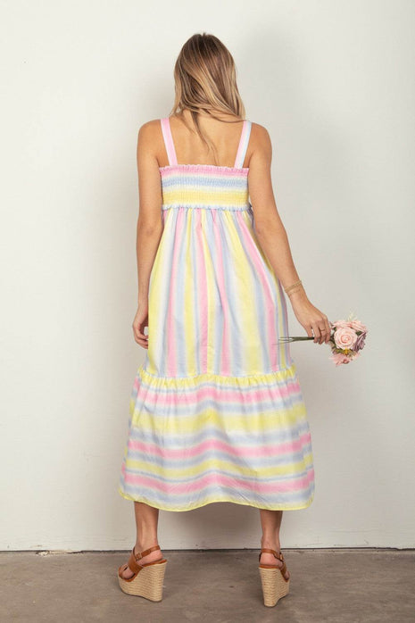 VERY J Striped Woven Smocked Midi Cami Dress - MimiStylez