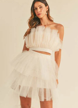 MABLE Tulle Tube Ruffle Crop Top and High Low Maxi Skirt Set - MimiStylez