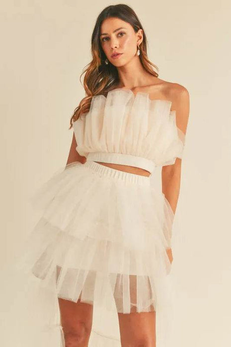 MABLE Tulle Tube Ruffle Crop Top and High Low Maxi Skirt Set - MimiStylez