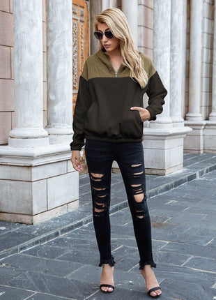 Pocketed Color Block Quarter Zip Hoodie - MimiStylez