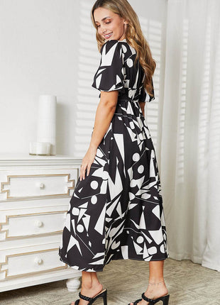 Printed Surplice Balloon Sleeve Dress - MimiStylez