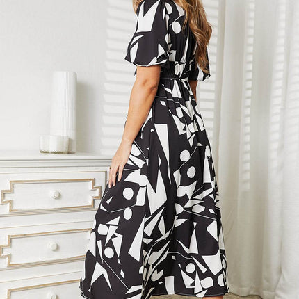Printed Surplice Balloon Sleeve Dress - MimiStylez