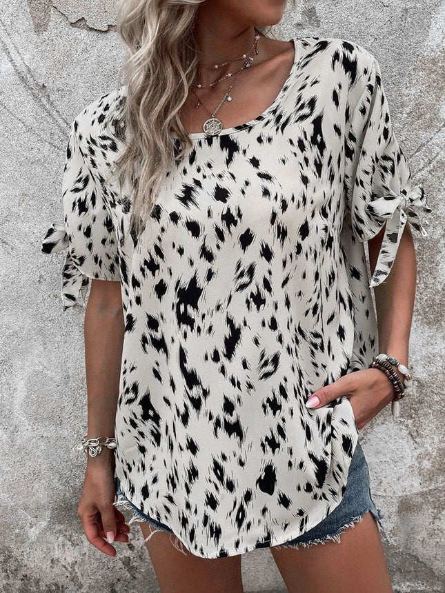 Tied Printed Boat Neck Blouse - MimiStylez
