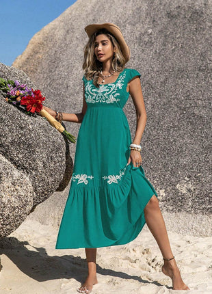 Embroidered Square Neck Cap Sleeve Dress - MimiStylez