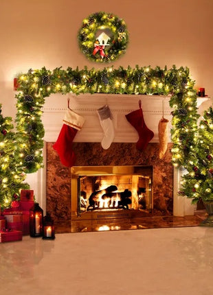 4PC Pre-lit Xmas Tree Artificial Christmas Set - Includes Garland, Wreath And Set Of 2 Entrance Trees