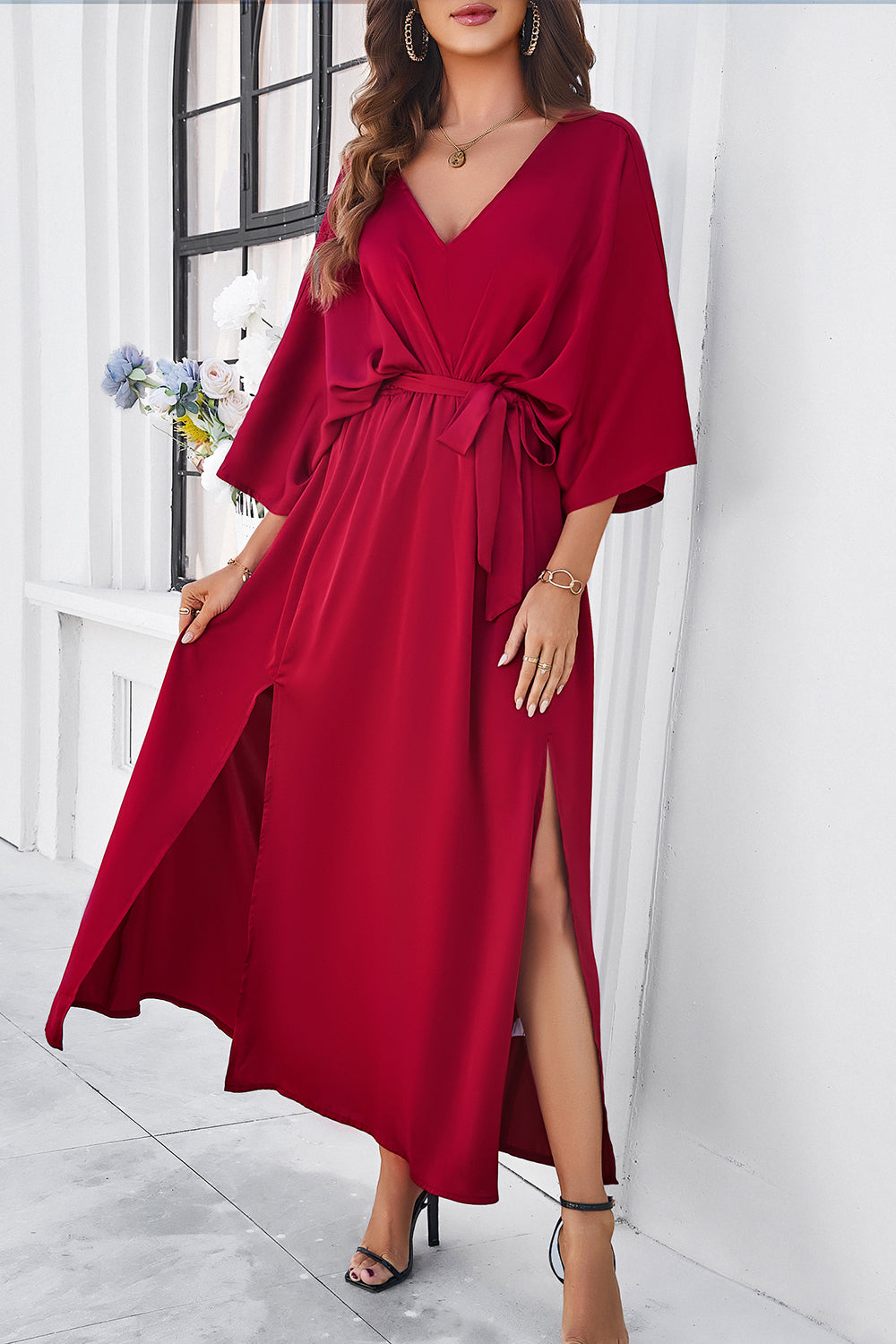 Slit Tied V-Neck Three-Quarter Sleeve Dress