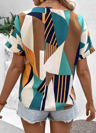 Printed V-Neck Short Sleeve Blouse - MimiStylez