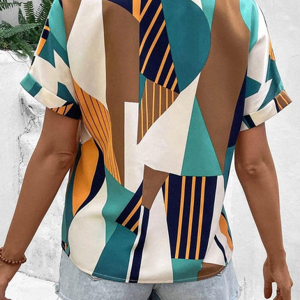 Printed V-Neck Short Sleeve Blouse - MimiStylez