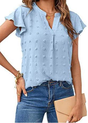 Women's Fashion V-neck Ruffle Sleeve Chiffon Shirt Short Sleeve - MimiStylez