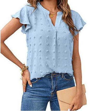 Women's Fashion V-neck Ruffle Sleeve Chiffon Shirt Short Sleeve - MimiStylez