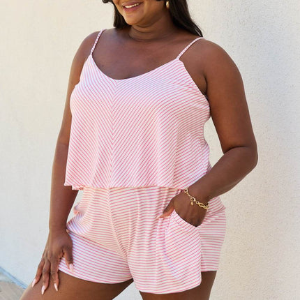 Culture Code Let It Happen Full Size Double Flare Striped Romper in Pink - MimiStylez