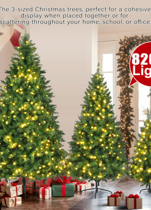 8FT, 6FT, 4FT Pre-Lit Green Pine Christmas Tree, Set Of 3 Hinged With 820 Warm-Yellow LED Lights And 2539 Branch Tips
