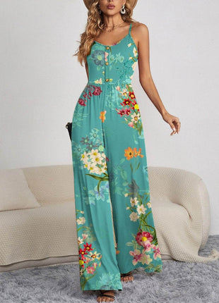 Decorative Button Spaghetti Strap Wide Leg Jumpsuit - MimiStylez