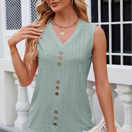 Decorative Button Eyelet V-Neck Tank - MimiStylez