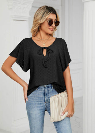 Eyelet Tie-Neck Flutter Sleeve Top - MimiStylez