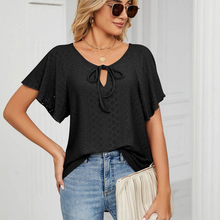 Eyelet Tie-Neck Flutter Sleeve Top - MimiStylez