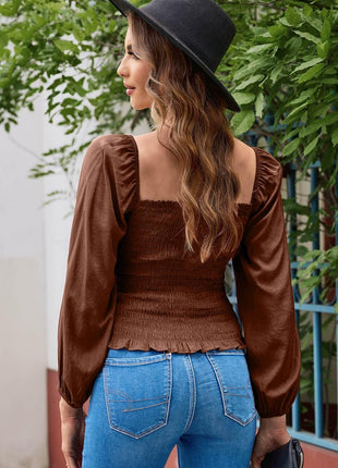 Smocked Square Neck Long Sleeve Blouse - MimiStylez