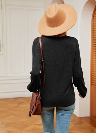 Contrast V-Neck Long Sleeve Blouse - MimiStylez