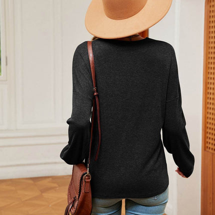 Contrast V-Neck Long Sleeve Blouse - MimiStylez