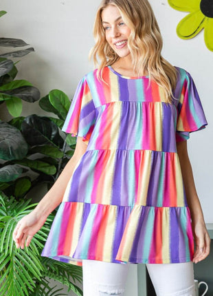 Heimish Full Size Short Sleeve Striped Tiered Top - MimiStylez