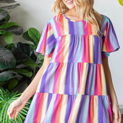 Heimish Full Size Short Sleeve Striped Tiered Top - MimiStylez