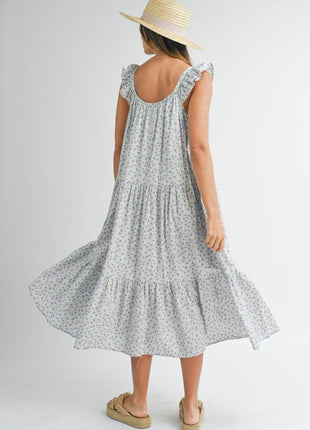 MABLE Floral Ruffle Shoulder Tiered Midi Dress - MimiStylez