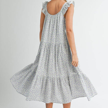MABLE Floral Ruffle Shoulder Tiered Midi Dress - MimiStylez