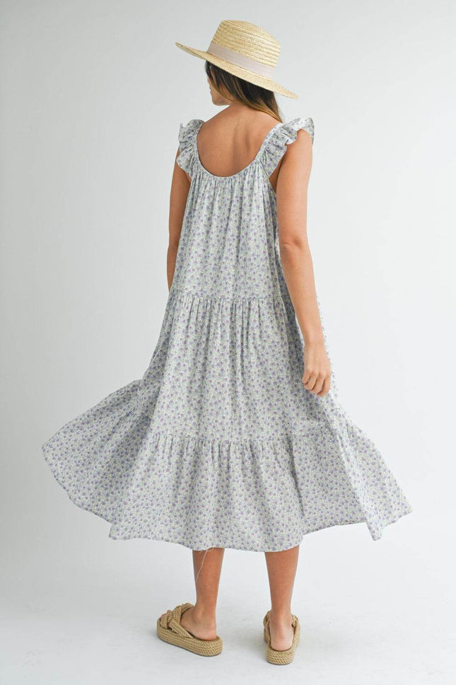 MABLE Floral Ruffle Shoulder Tiered Midi Dress - MimiStylez