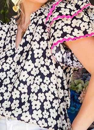 Printed V-Neck Flounce Sleeve Blouse - MimiStylez