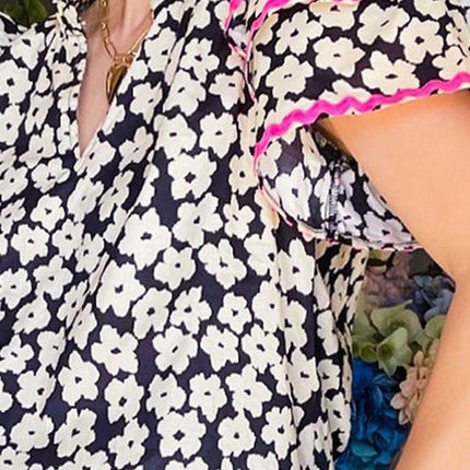 Printed V-Neck Flounce Sleeve Blouse - MimiStylez