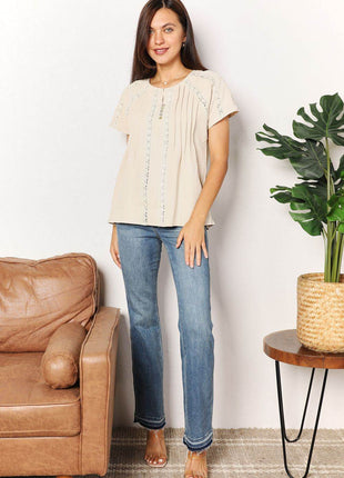 Double Take Crochet Buttoned Short Sleeves Top - MimiStylez