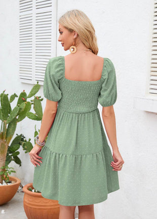 Swiss Dot Smocked Square Neck Dress - MimiStylez