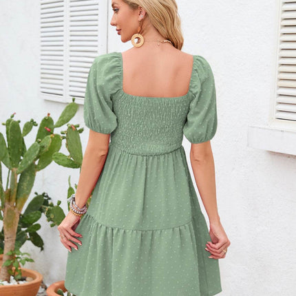 Swiss Dot Smocked Square Neck Dress - MimiStylez