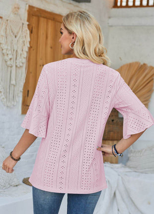 Eyelet Notched Half Sleeve T-Shirt - MimiStylez