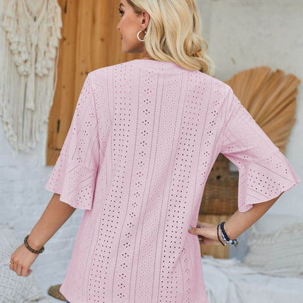 Eyelet Notched Half Sleeve T-Shirt - MimiStylez