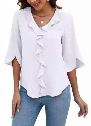 Loose V-neck Flounce Shirt - MimiStylez