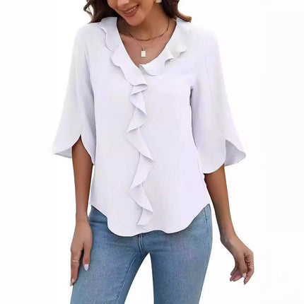 Loose V-neck Flounce Shirt - MimiStylez