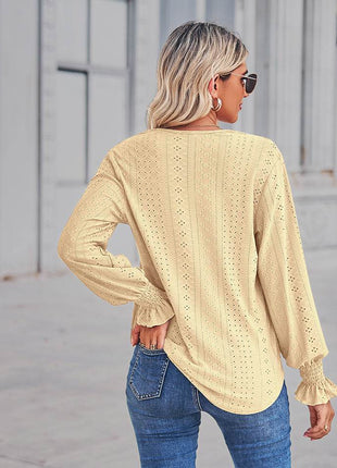 V-Neck Eyelet Flounce Sleeve Blouse - MimiStylez