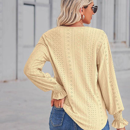 V-Neck Eyelet Flounce Sleeve Blouse - MimiStylez