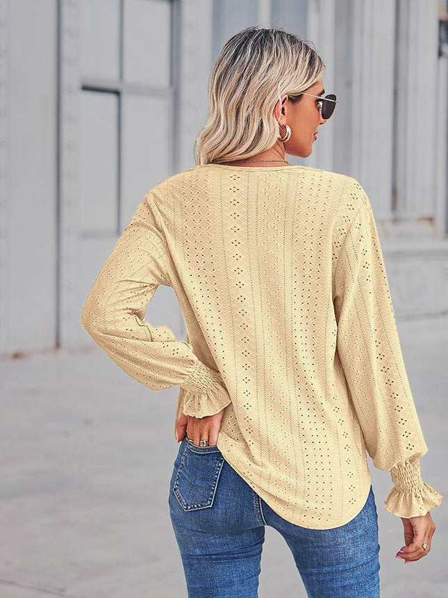 V-Neck Eyelet Flounce Sleeve Blouse - MimiStylez