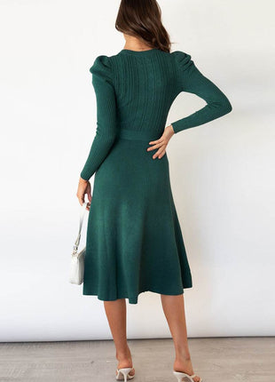 Round Neck Long Sleeve Tie Waist Sweater Dress - MimiStylez