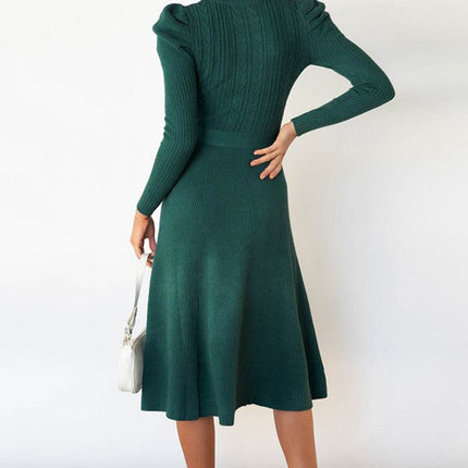 Round Neck Long Sleeve Tie Waist Sweater Dress - MimiStylez