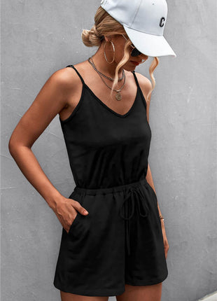 Spaghetti Strap V-Neck Pocket Romper - MimiStylez