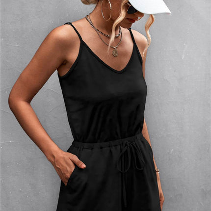 Spaghetti Strap V-Neck Pocket Romper - MimiStylez
