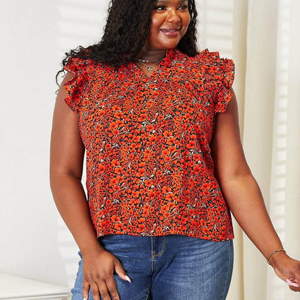 Double Take Floral Flutter Sleeve Notched Neck Blouse - MimiStylez