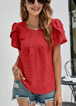 Swiss Dot Round Neck Petal Sleeve Top - MimiStylez