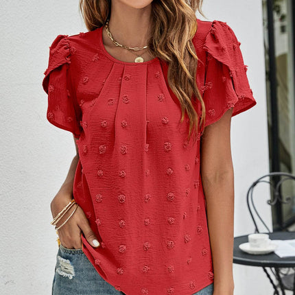 Swiss Dot Round Neck Petal Sleeve Top - MimiStylez