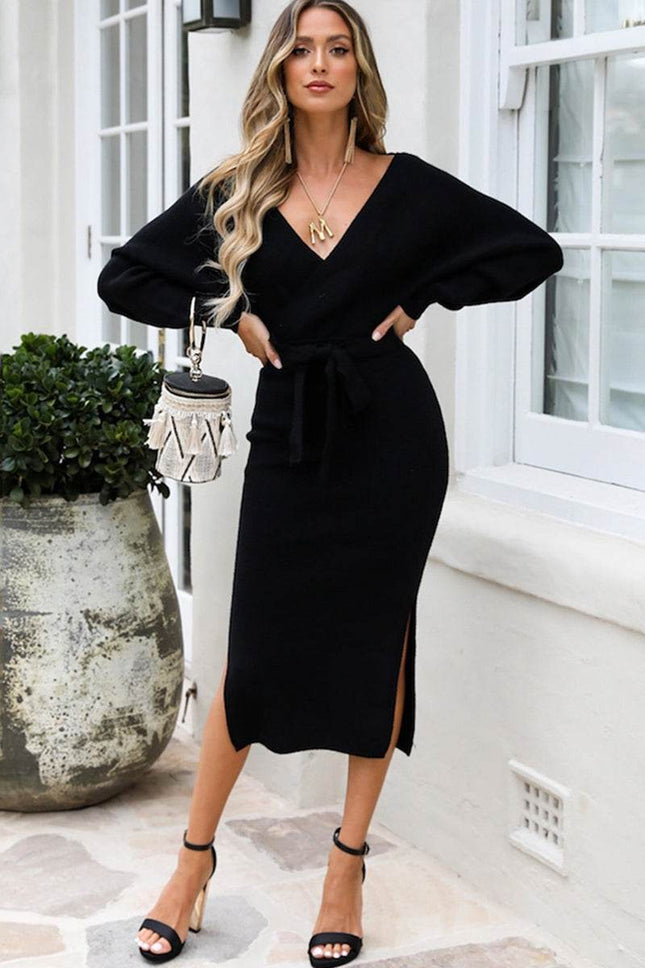 Surplice Neck Bow Waist Slit Sweater Dress - MimiStylez