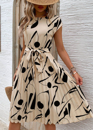 Tied Pleated Printed Cap Sleeve Dress - MimiStylez